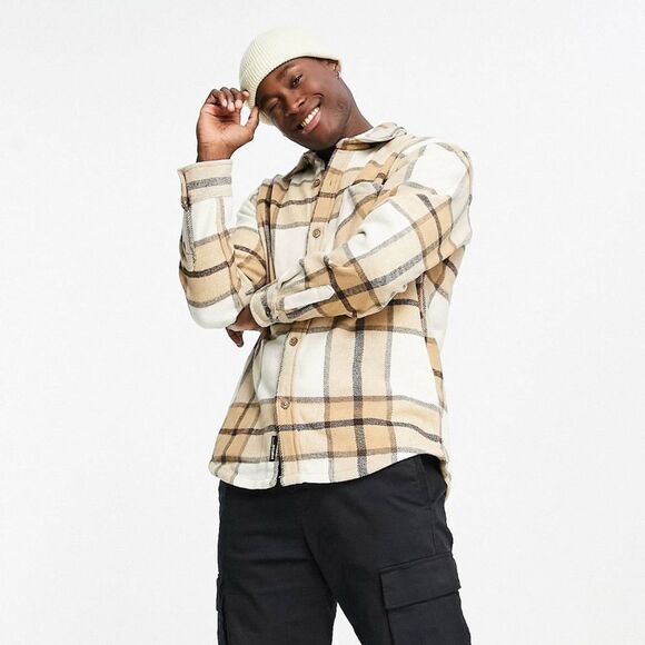 NWOT Pull & Bear checked wool shirt in ecru S - Picture 2 of 8